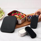 Flexibento - Leak proof Stainless Steel Lunch Box | Bento Box |Food , Lunch Containers with Silicone Lids| sandwich and Snack Containers |Metal lunch Box |Black | 27 OZ, 2*6.5 OZ| Adjustable Divider