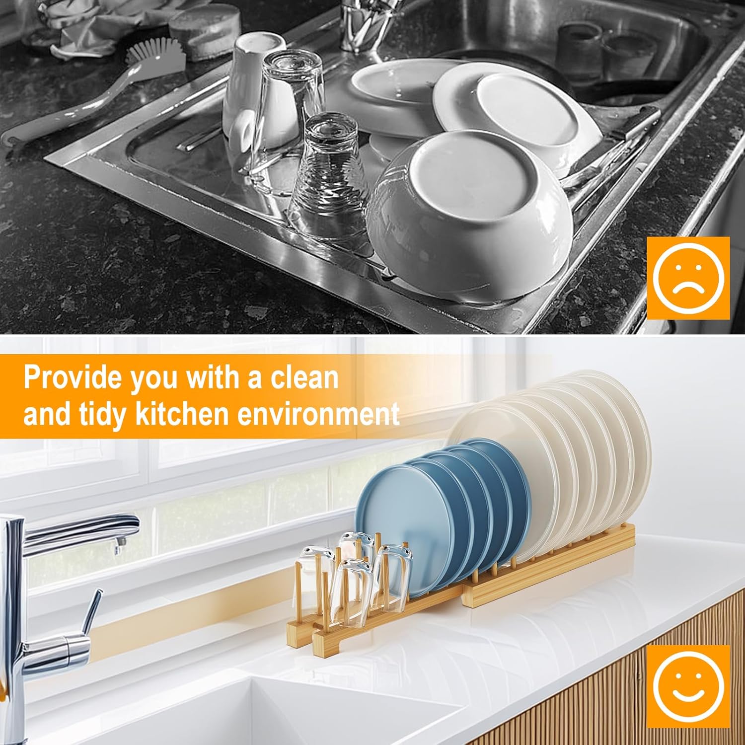 Bamboo Dish Rack - Expandable Plate Rack & Dish Drying Rack for Kitchen Cabinet Storage, Adjustable Multi-Functional Design Organizer for Plates, Cups, Pots, Cutting Boards (Natural Bamboo) 2 PACK