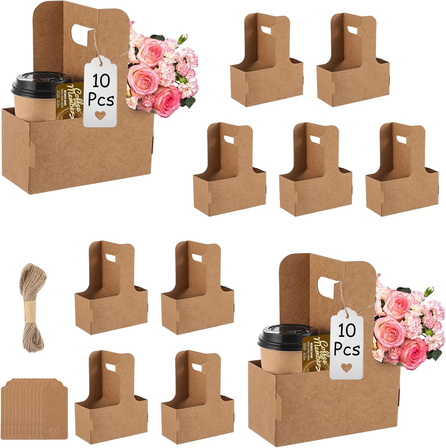 10 Pack 2 Cup Disposable Drink Carrier with Handle Paperboard Coffee Cup Holder Portable for Hot Cold Drinks Food Delivery Services with Heart Card for Teacher Appreciation Week Mother's Day