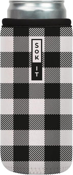 Sok It CanSok Sleeve for Beer & Soda Insulated Neoprene Cover (B&W Buffalo Check, 12oz Slim Can Sleeve)
