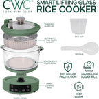 COOK WITH COLOR 3L Glass Low Carb Rice Cooker - Makes 6 Cups Low Sugar Rice with Auto Lift Filter Basket, Hotpot & Steamer for Rice, Grains and Oats, Digital Panel with Keep Warm Function, Dark Sage