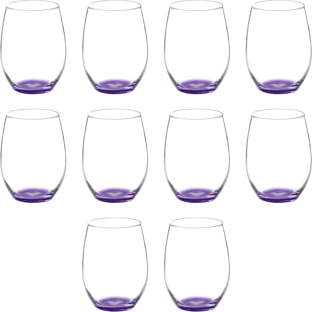 DISCOUNT PROMOS 10 ARC Stemless Wine Glasses Set, 21 oz. - Chardonnay, Cabernet, Merlot, Sauvignon - Purple