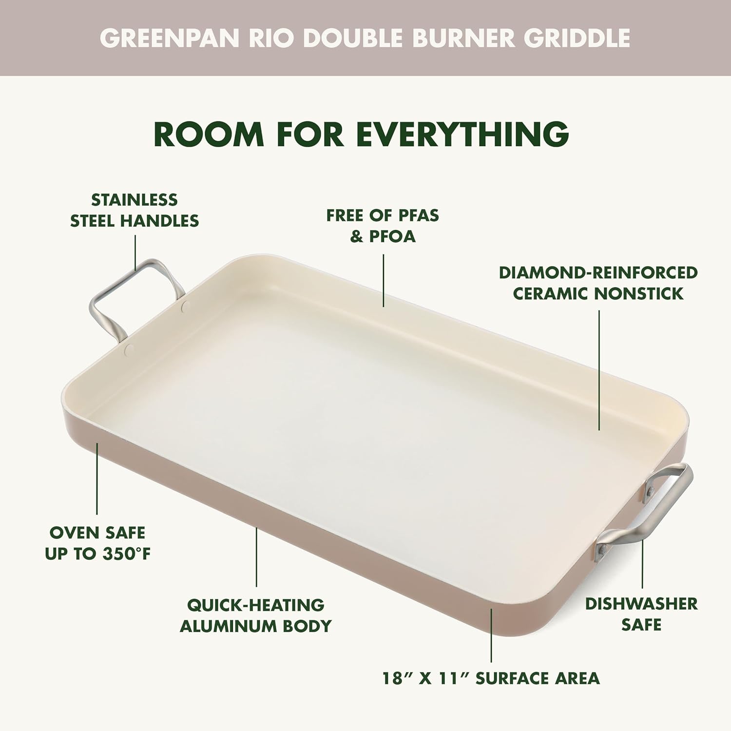 GreenPan 18" x 11" Double Burner Griddle Pan, Hard Anodized Healthy Ceramic Nonstick PFAS-Free, Stainless Steel Handles, Stovetop Cooking, Dishwasher Safe, Oven & Broiler Safe Cookware, Taupe