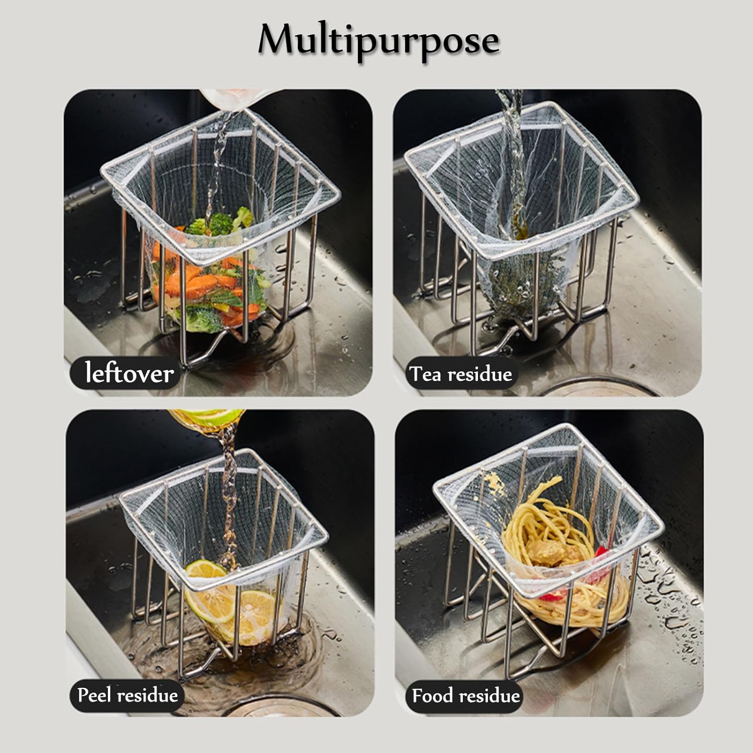 Kitchen Sink Strainer with Sink Basket Holder and 300 Strainer Net Bags,Food Catcher with drain filter Mesh bag,Meshmate Waste Rack Trash Catcher for Leftovers.