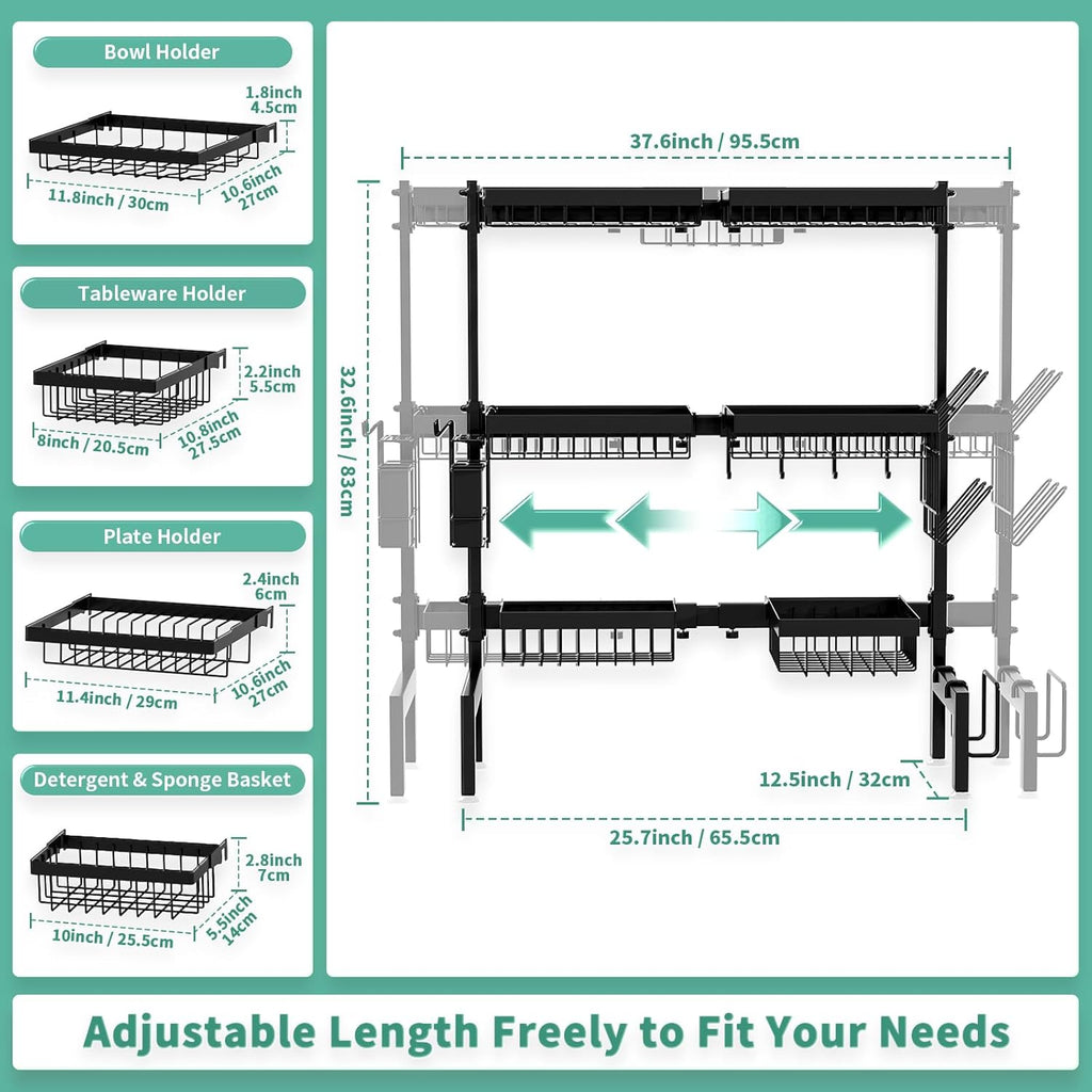 Over The Sink Dish Drying Rack,Expandable Length 3-Tier Large Stainless Steel Over The Sink Dish Rack with 6 Baskets, Utensil Holder Dish Drainers for Kitchen Counter