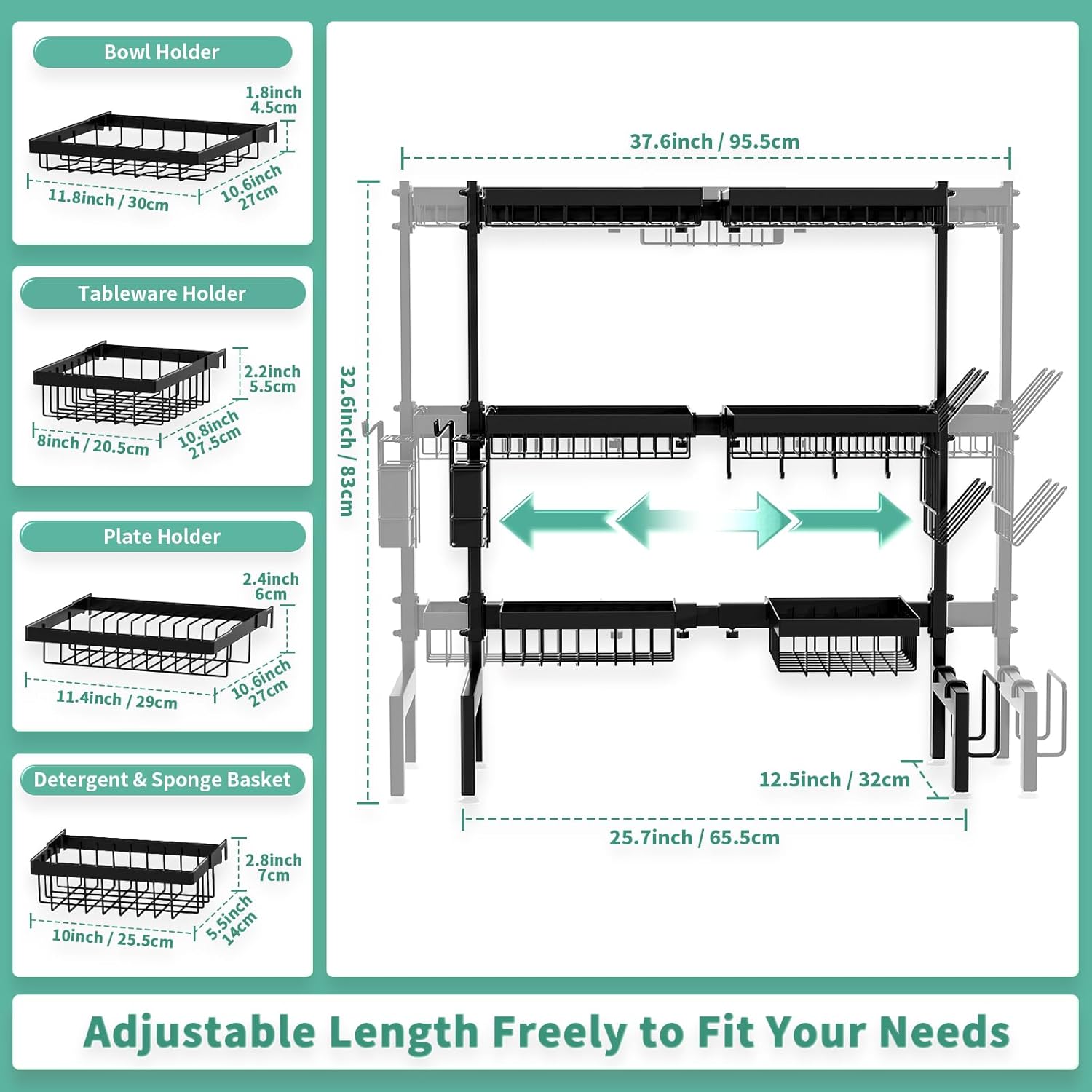 Over The Sink Dish Drying Rack,Expandable Length 3-Tier Large Stainless Steel Over The Sink Dish Rack with 6 Baskets, Utensil Holder Dish Drainers for Kitchen Counter