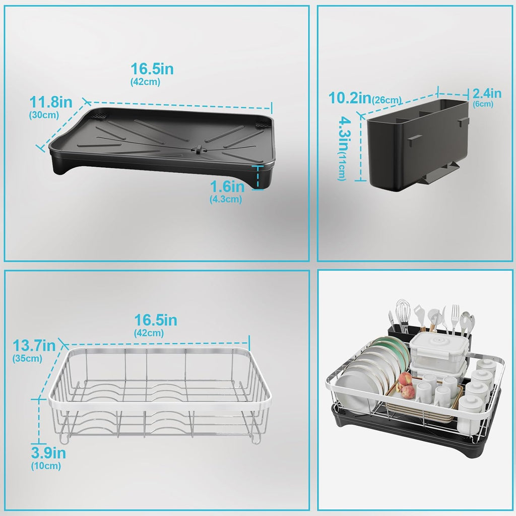 Dish Drying Rack 304 Stainless Steel Dish Rack with Drainboard,Space Spaving Auto-Draining Drying Racks for Kitchen Counter,Large Capacity Dish Racks for Bowls, Cups, Dish Drainer Black