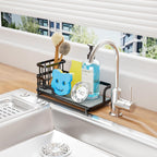 Consumest Sponge Holder for Kitchen Sink - Sink Caddy Organizer with Water Absorbing Stone Tray, Detachable Brush Holder, Stainless Steel Kitchen Counter Organizer Rack, Black
