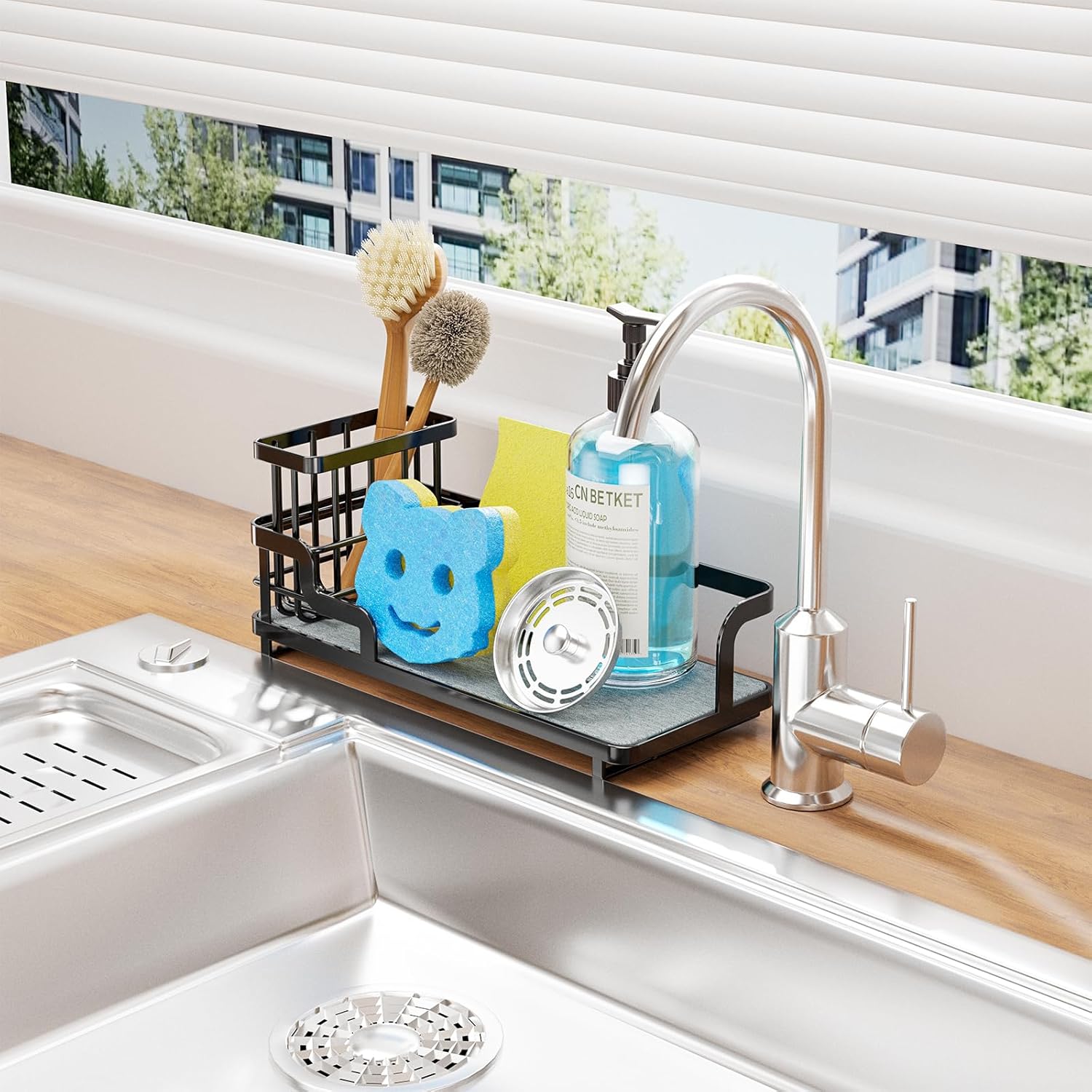 Consumest Sponge Holder for Kitchen Sink - Sink Caddy Organizer with Water Absorbing Stone Tray, Detachable Brush Holder, Stainless Steel Kitchen Counter Organizer Rack, Black