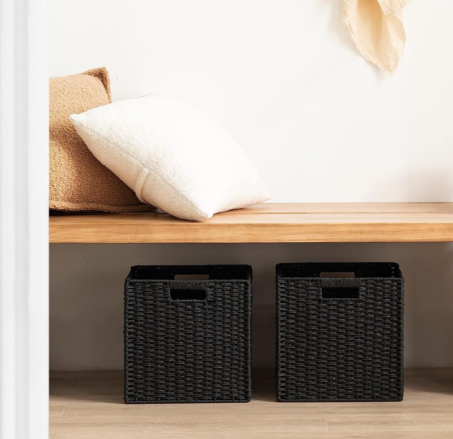 UBBCARE 2 Pack Wicker Basket, 11L×11H×10.5W inch Woven Paper Rope Storage Baskets for shelves, Foldable Cube Storage bin with Handle, Storage Basket for Organizing & Decor, Black