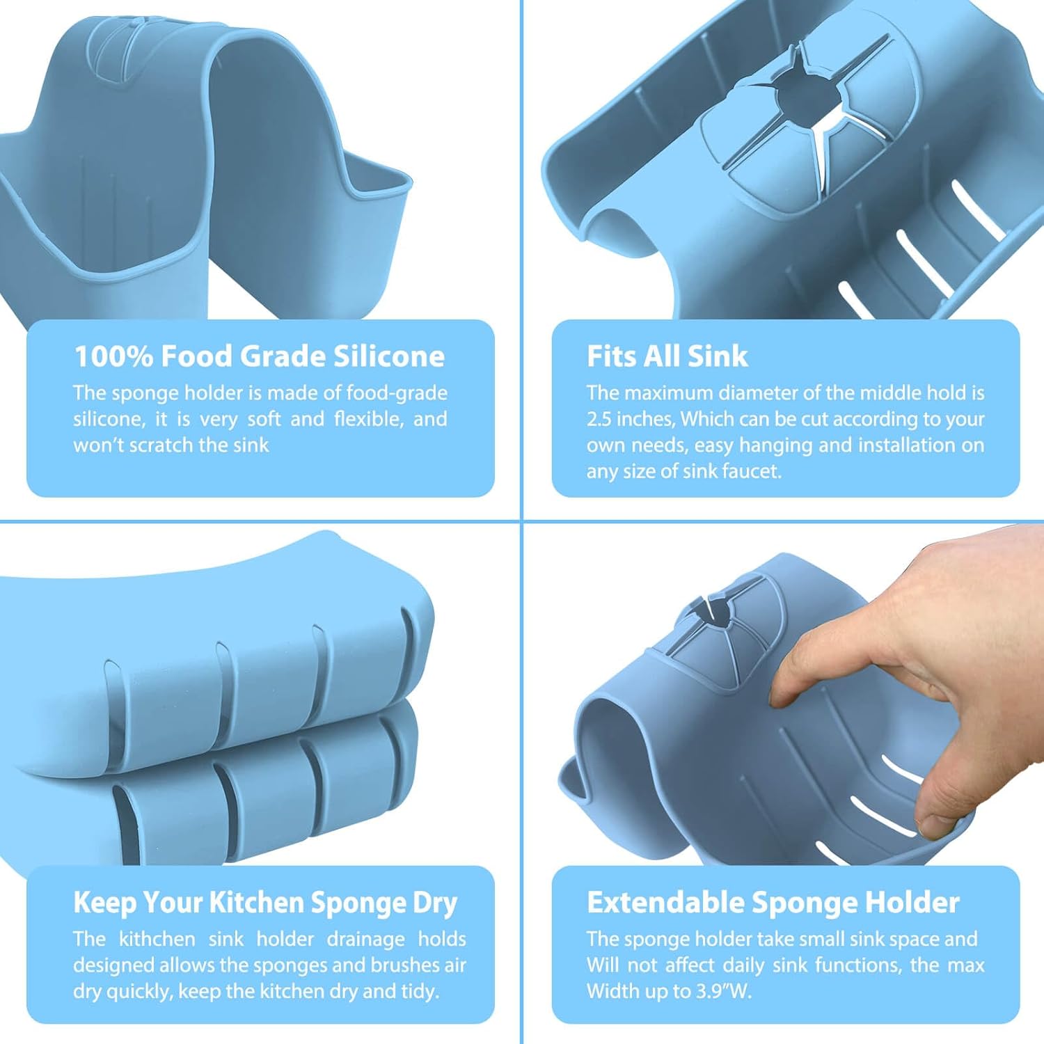 Sponge Holder for Kitchen Sink, Silicone Sink Saddle Caddy Organizer Rack, Sponges Holder Over Faucet, Hanging Kitchen Organizer Accessories Rack Basket Light Blue