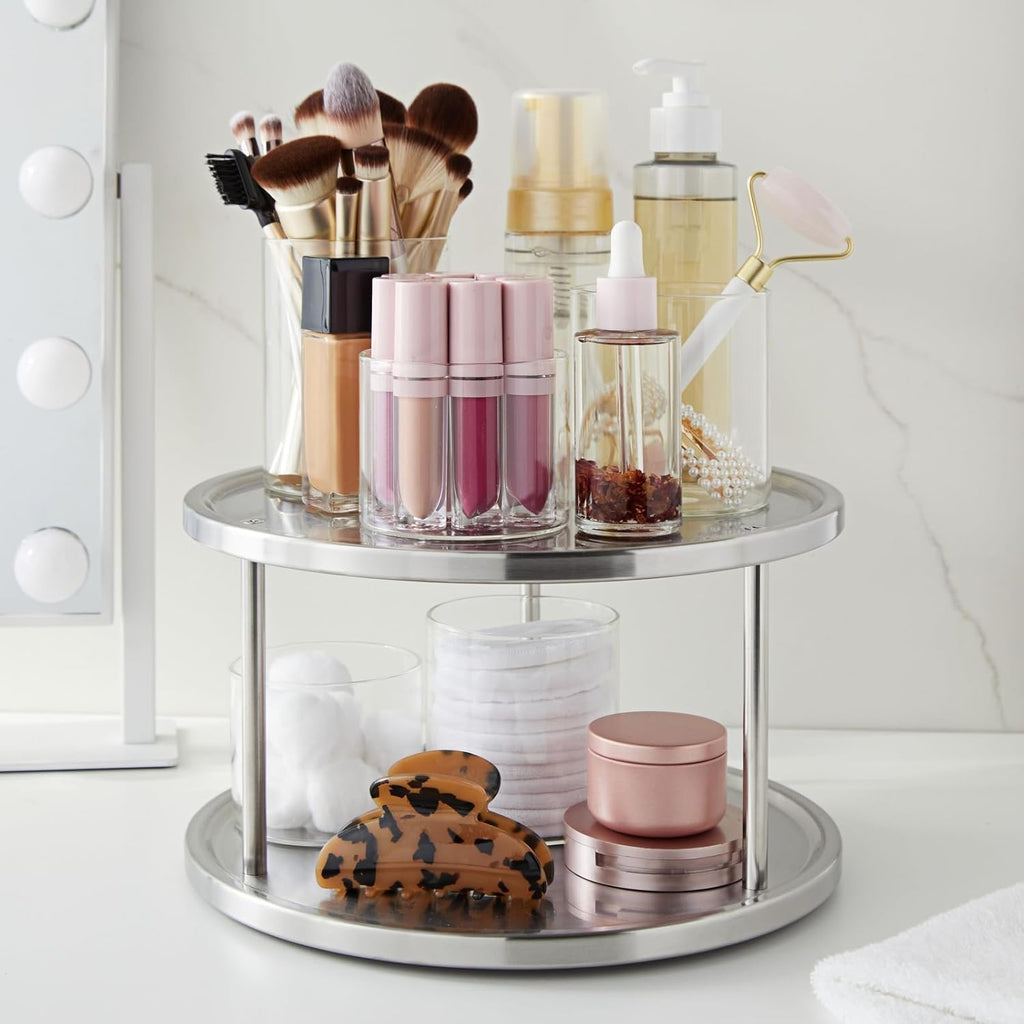 Juvale 2-Tier Lazy Susan Spice Rack Organizer for Cabinet - 10.5 in, Stainless Steel - Kitchen Countertop Organizer & Spice Carousel for Pantry Organization (Pack of 2)