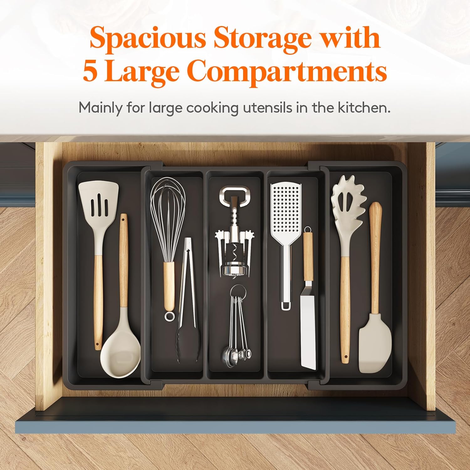 Lifewit Cooking Utensil Drawer Organizer, Expandable from 13 to 22.4 inches, Adjustable Cutlery Silverware Tray, Plastic Flatware Spatula Holder, Kitchen Tools Gadgets Storage Divider, Black