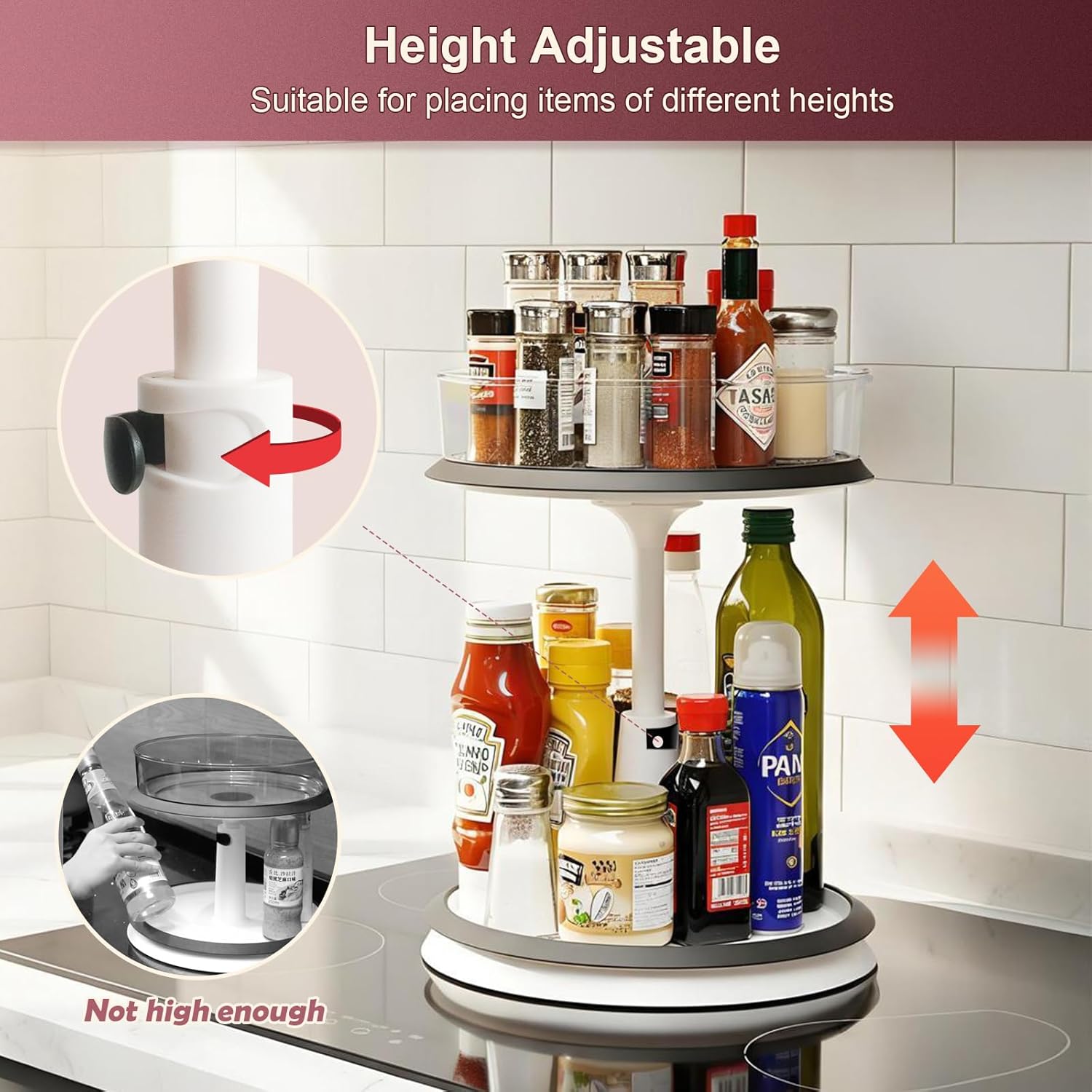 2 Tier Lazy Susan Organizer Clear Turntable for Cabinet Bathroom Countertop and Pantry with Large Spice Rack (11 Inch, White)