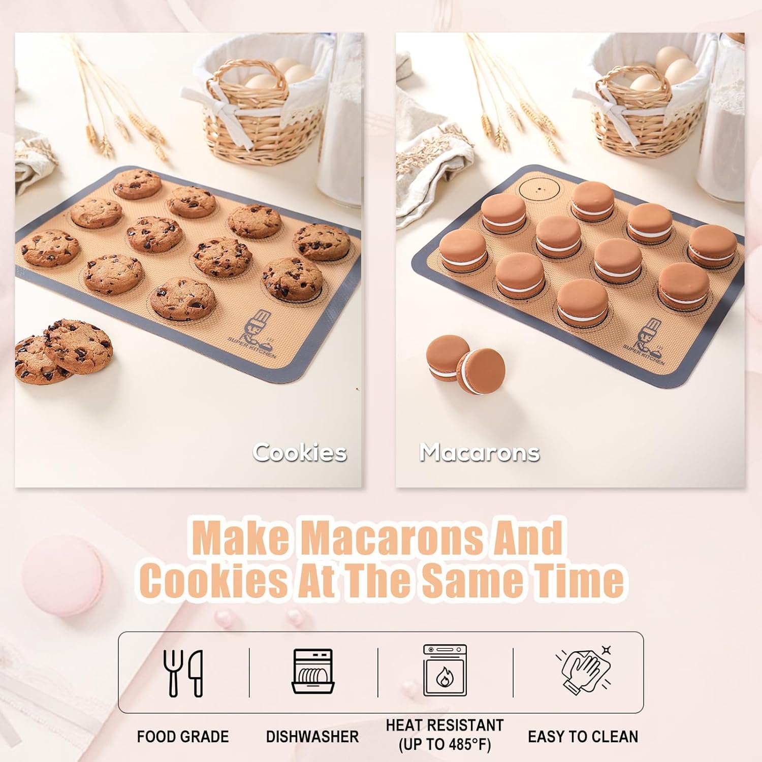 Silicone Baking Mat Macaron - Set of 3 (2 Half Sheet Liners and 1 Quarter Sheet), Non Stick Silicon Cookie Oven Liner For Macaroons, Bake Pans, Pizza, Toaster, Cake and Bread Making (16.5x11.6, Grey)