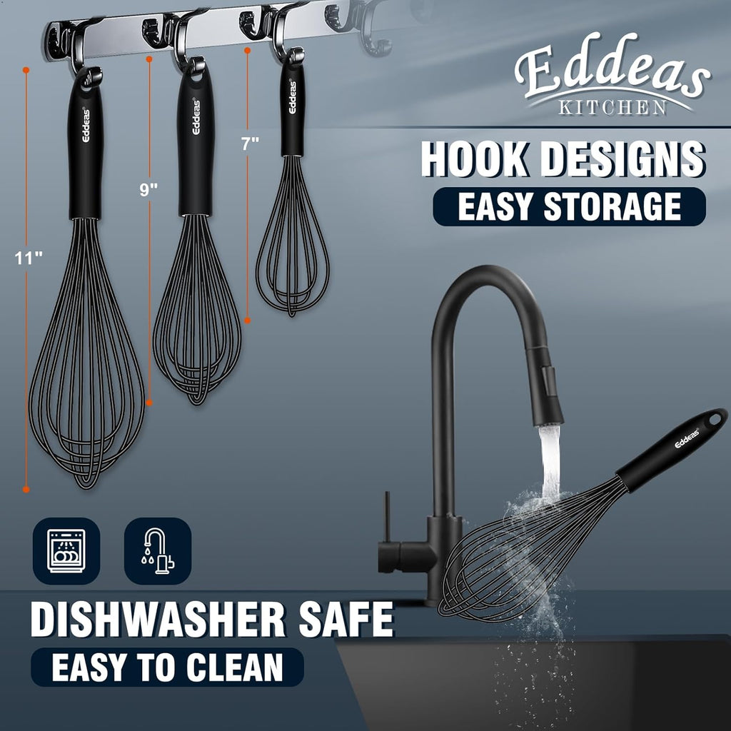 Whisks For Cooking - 500 °F Heat Resistant Silicone Whisk, Heavy Duty 7",9"&11inch Non-Scratch Balloon Kitchen Wisk tool Set, for cooking Wisking, Blending, Beating, Stirring, 3 Piece Black