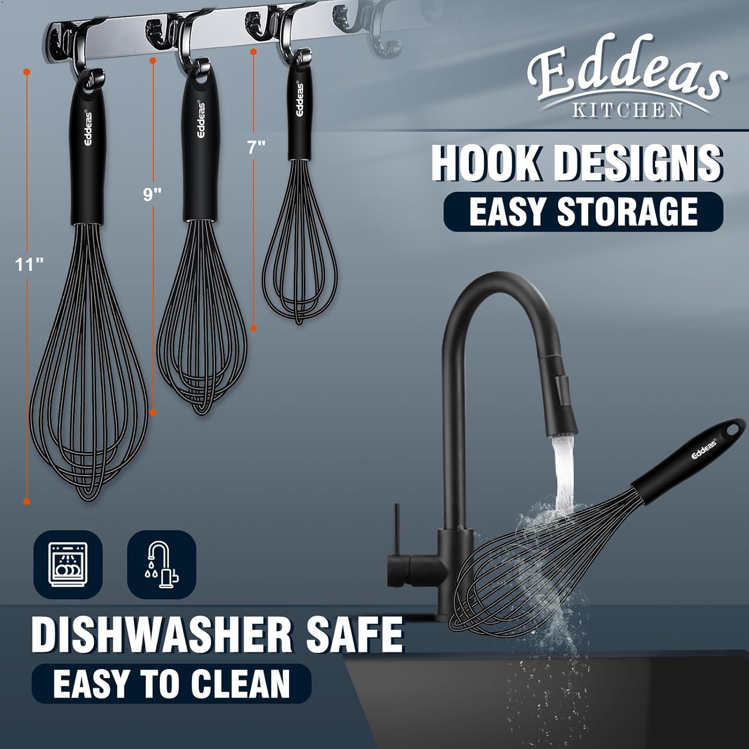Whisks For Cooking - 500 °F Heat Resistant Silicone Whisk, Heavy Duty 7",9"&11inch Non-Scratch Balloon Kitchen Wisk tool Set, for cooking Wisking, Blending, Beating, Stirring, 3 Piece Black