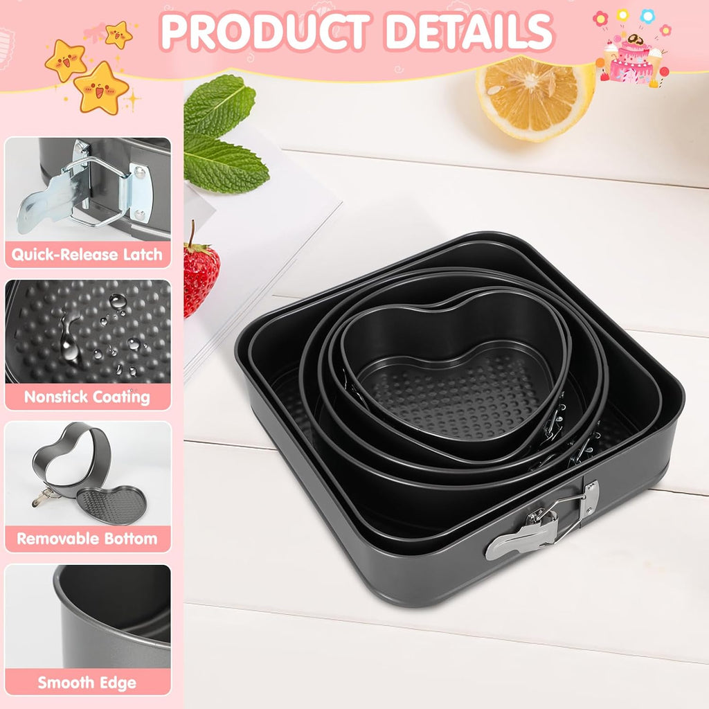 6Pcs Springform Cake Pan Set Of 7 7.8 8.6 9 10 11inch Moldes Para Pasteles Non-Stick Spring Pans Heart Cake Pan Round Nonstick Cheesecake Pans Square Spring Form Pan For Cheesecake Pizza Quiches