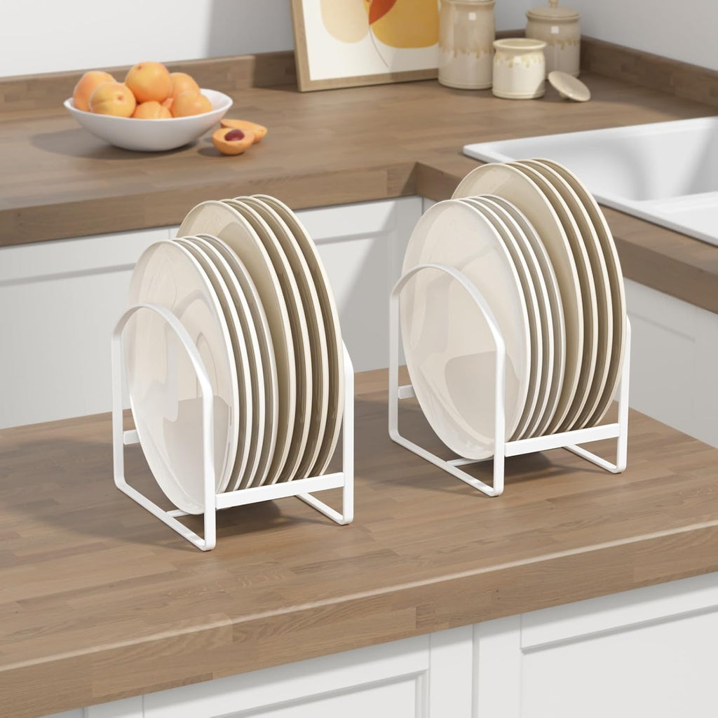 4 Pack Kitchen Plate Holder Organizer for Cabinet Space Saver Dinner Dish Storage Rack Upright Dish Drying Racks Metal Plate Dish Racks Stand for Cupboard and Countertop 2 Large 2 Small White