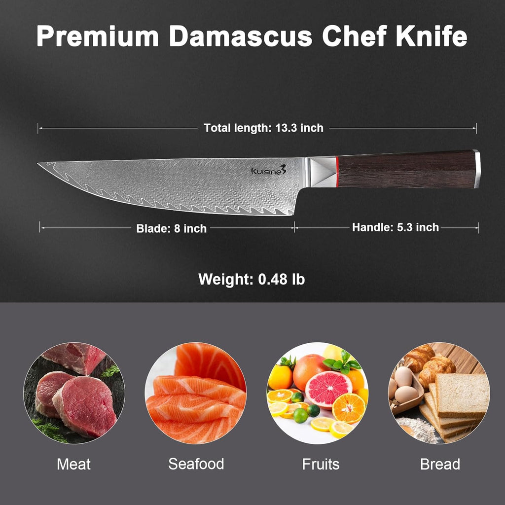 Kuisine Kitchen Knife Set,Damascus Steel Ultra Sharp, Ergonomic Non-slip Wood Handle, Chef Knife Block Set with Built-in Sharpener,Luxury Gift for Holiday(Silver, 12PCS)