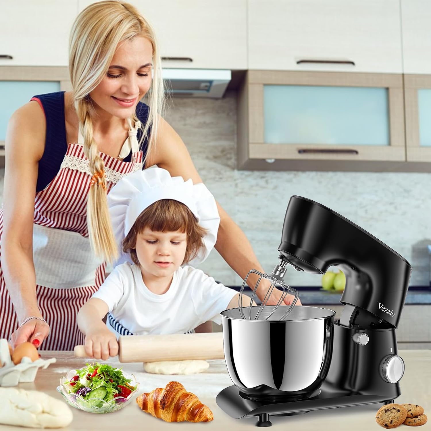 Vezzio Stand Mixer,6 Quarts,10-Speed Tilt-Head,Kitchen Food Mixer with Stainless Steel Bowl,Dough Hook,Whisk, Beater,Egg White Separator (Black)