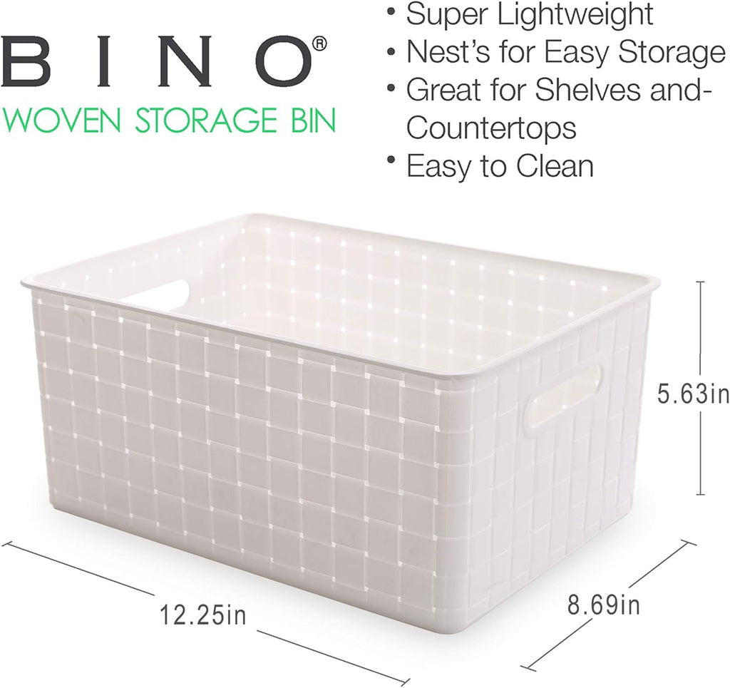 BINO Plastic Basket, Medium - White, 4 Pack, THE STABLE COLLECTION, Multi-Use Storage Basket, Rectangular Cabinet Organizer, Baskets for Organizing with Handles, Home & Office Storage Organizer