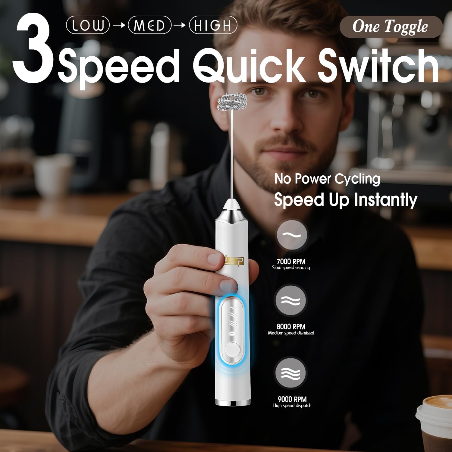 DSP Handheld Milk Frother Rechargeable, Electric Whisk for Coffee, 2 Stirring Rods 3 Speed Adjustable, Low Noise Drink Whisk for Lattes, Matcha, Hot Chocolate, Egg (Blizzard White)