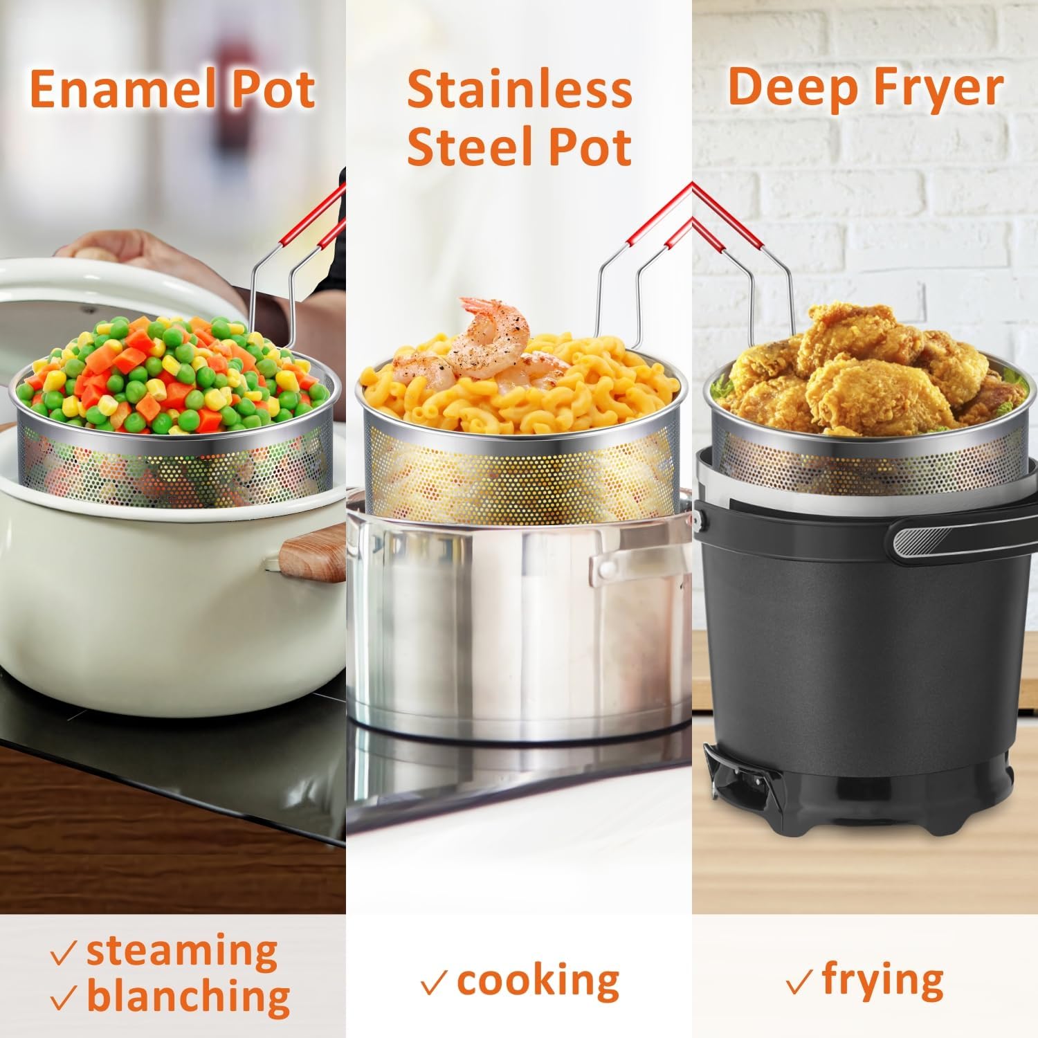 Deep Fryer Basket, 7.8''x4'' Fry Only, Round Stainless Steel Frying Baskets with Heat Resistant Silicone Handle, for Kitchen Cooking Strainer Colander, Serving Food, Ideal for Gift, 3-Quart