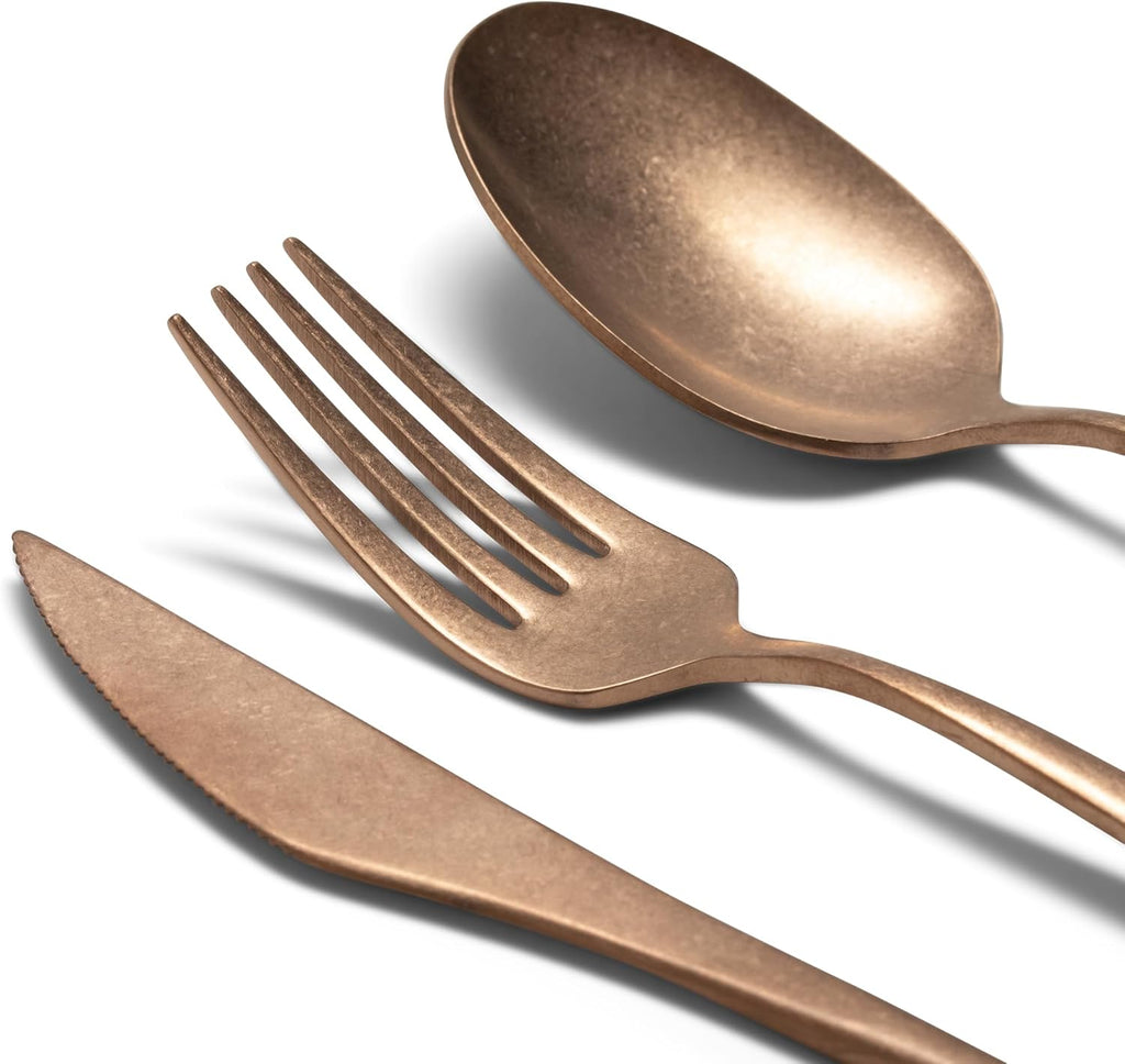 Luxury Vintage Flatware 20-Piece Set – Service for 4, Premium Stainless Steel with Weighted Handles, Aged Heirloom Finish, Dishwasher Safe, Elegant and Modern Cutlery (Vintage Copper)