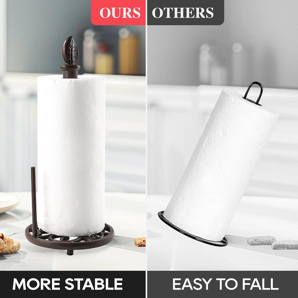 JOGREFUL Paper Towel Holder Stand, Cast Iron Kitchen Paper Towel Countertop Vintage Stand with Weighted-Base, Bathroom Organization for Family Standard Large Size Roll Paper, Leaf Top, Brown