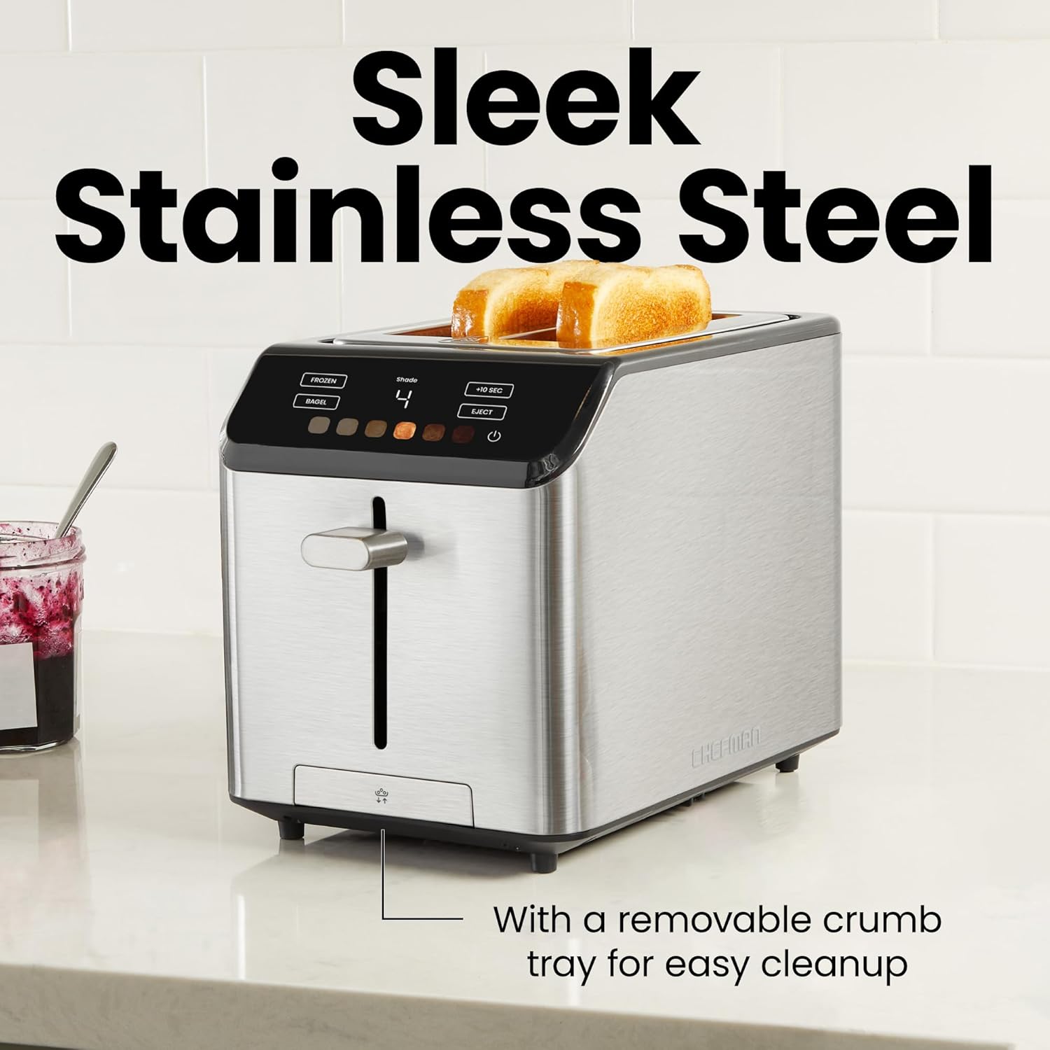 Chefman Smart Touch 2 Slice Digital Toaster, 6 Shade Settings, Touchscreen Controls, Extra-Wide Slots for Thick Breads & Bagels, +10 Seconds, Defrost, Removable Crumb Tray – Stainless Steel