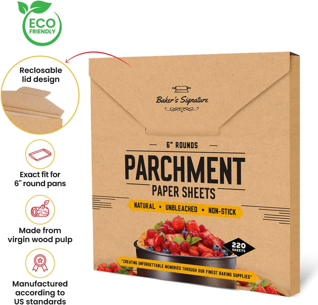 6 Inch Rounds Pack of 220 Parchment Paper Baking Sheets by Baker’s Signature | Precut Silicone Coated & Unbleached – Will Not Curl or Burn – Non-Toxic & Comes in Convenient Packaging
