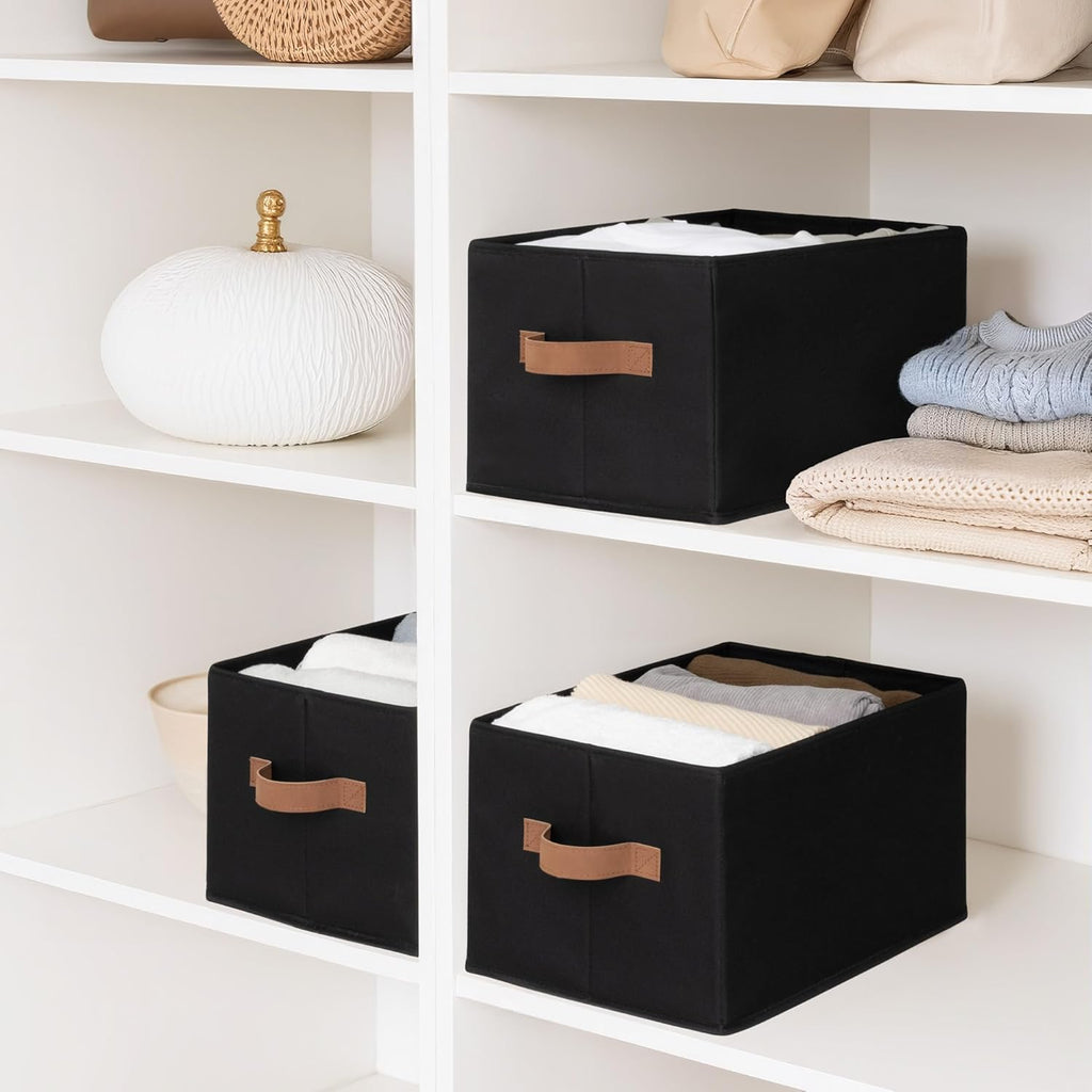 StorageWorks Storage Baskets for Shelves, Foldable Fabric Closet Storage Bins with Handles, Clothes Organizer Laundry Baskets, Black, 3-Pack, Large