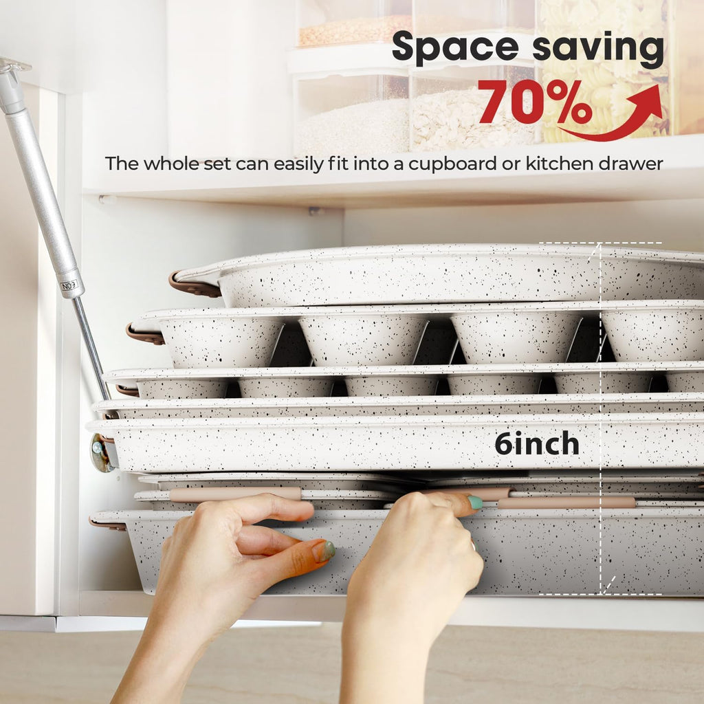 10-Piece Baking Pans Set Nonstick, Stackable Bakeware, Toxin-Free Baking Pans Set with Silicone Handles, Includes Cookie Sheets, Cake Pan, Loaf Pan, Pizza Pan, Muffin Pan, White&Khaki