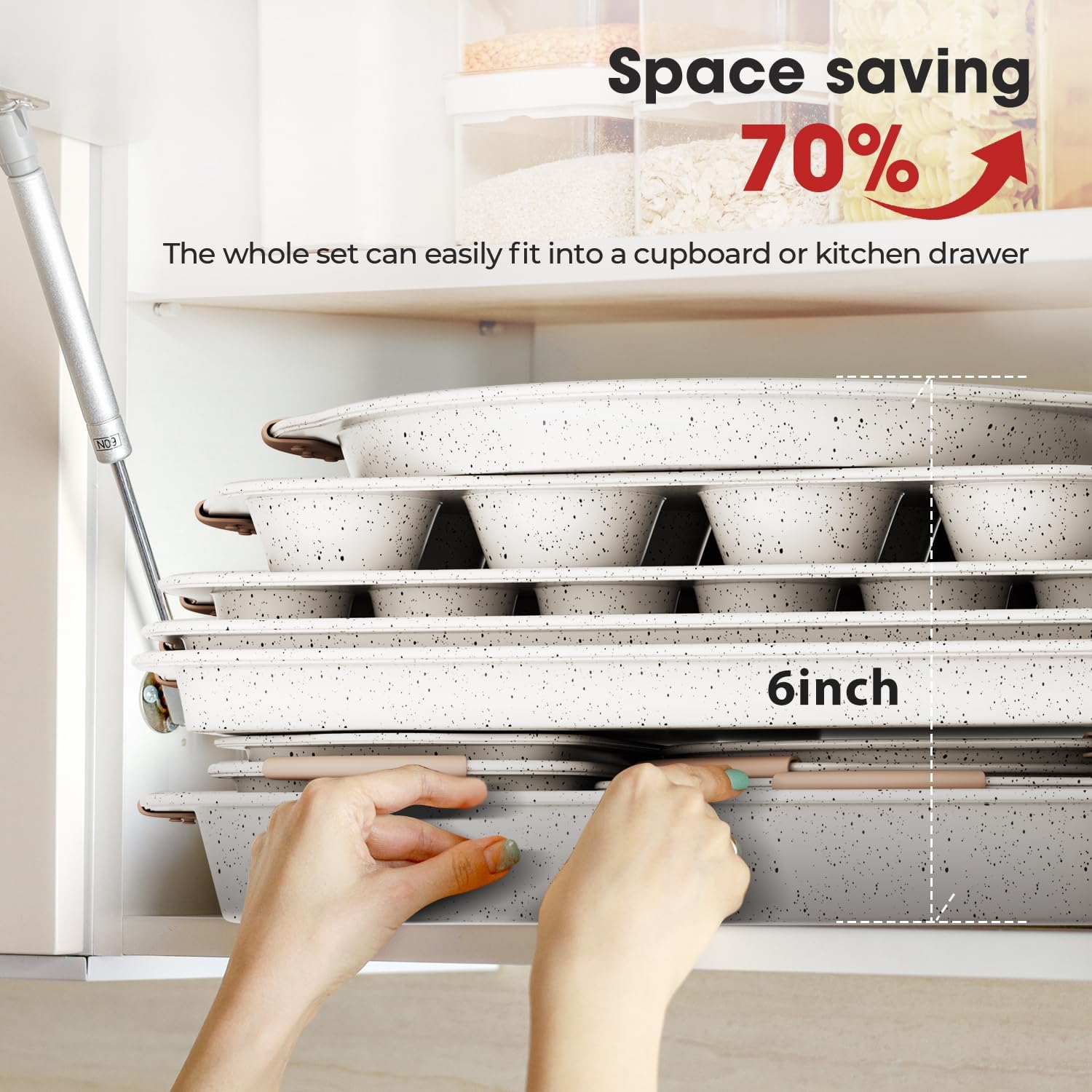 10-Piece Baking Pans Set Nonstick, Stackable Bakeware, Toxin-Free Baking Pans Set with Silicone Handles, Includes Cookie Sheets, Cake Pan, Loaf Pan, Pizza Pan, Muffin Pan, White&Khaki
