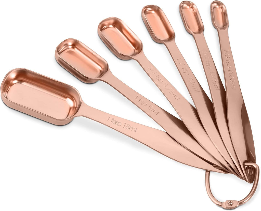 Accurate 18/8 Stainless Steel Measuring Spoons, Heavy Duty Good Handle Set of 6 Measuring Spoon with Ring Connector, Rose Gold