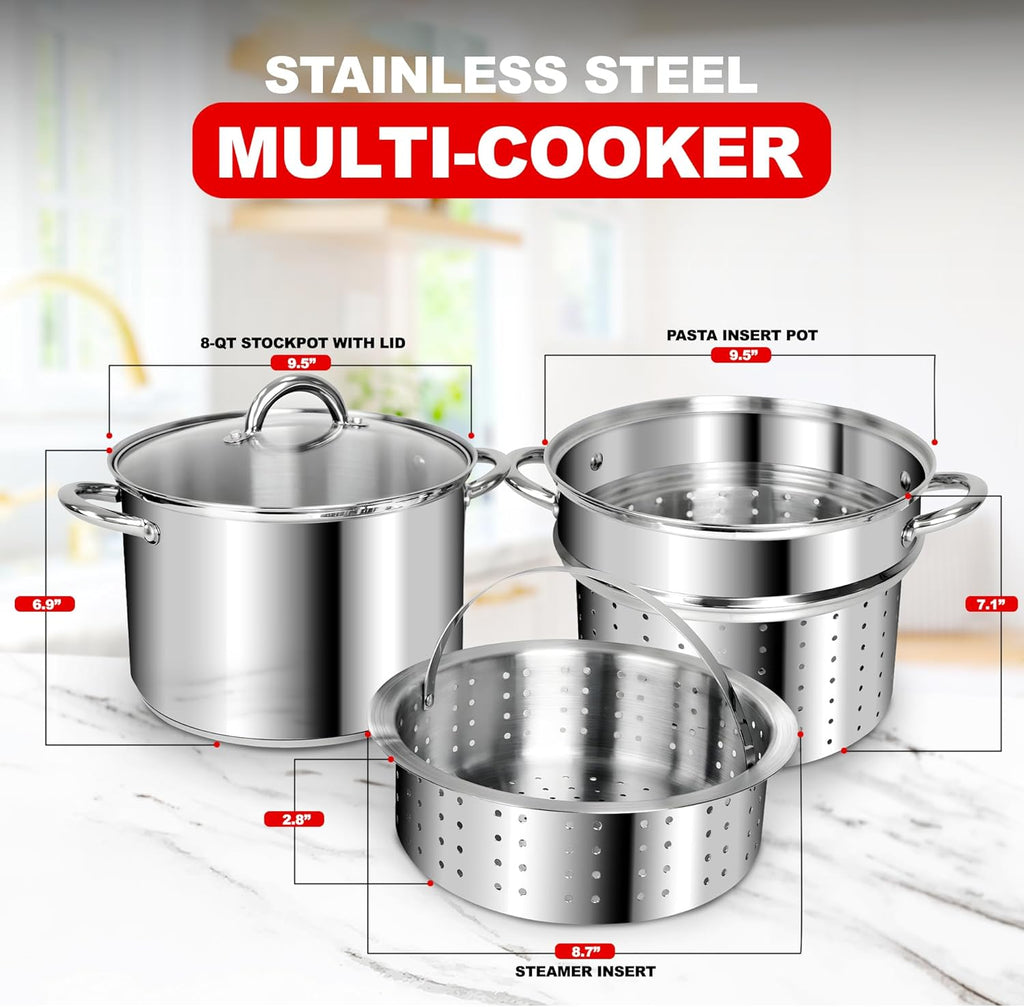 Stainless Steel 8-Quart Nonstick 4-Piece Multi-Cooker with Steamer and Pasta Pot Cookware Set