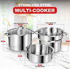 Stainless Steel 8-Quart Nonstick 4-Piece Multi-Cooker with Steamer and Pasta Pot Cookware Set