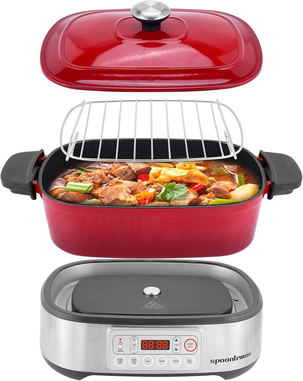 Electric Dutch Oven Multi-Cooker 6-in-1, 5.8QT Enameled Cast Iron Pot - Oven Safe Pot to 392℉, 1250W Fast Heating, 6 Preset Functions- Slow Cook, Sauté, Sear, Steam, Fast Cook, Keep Warm