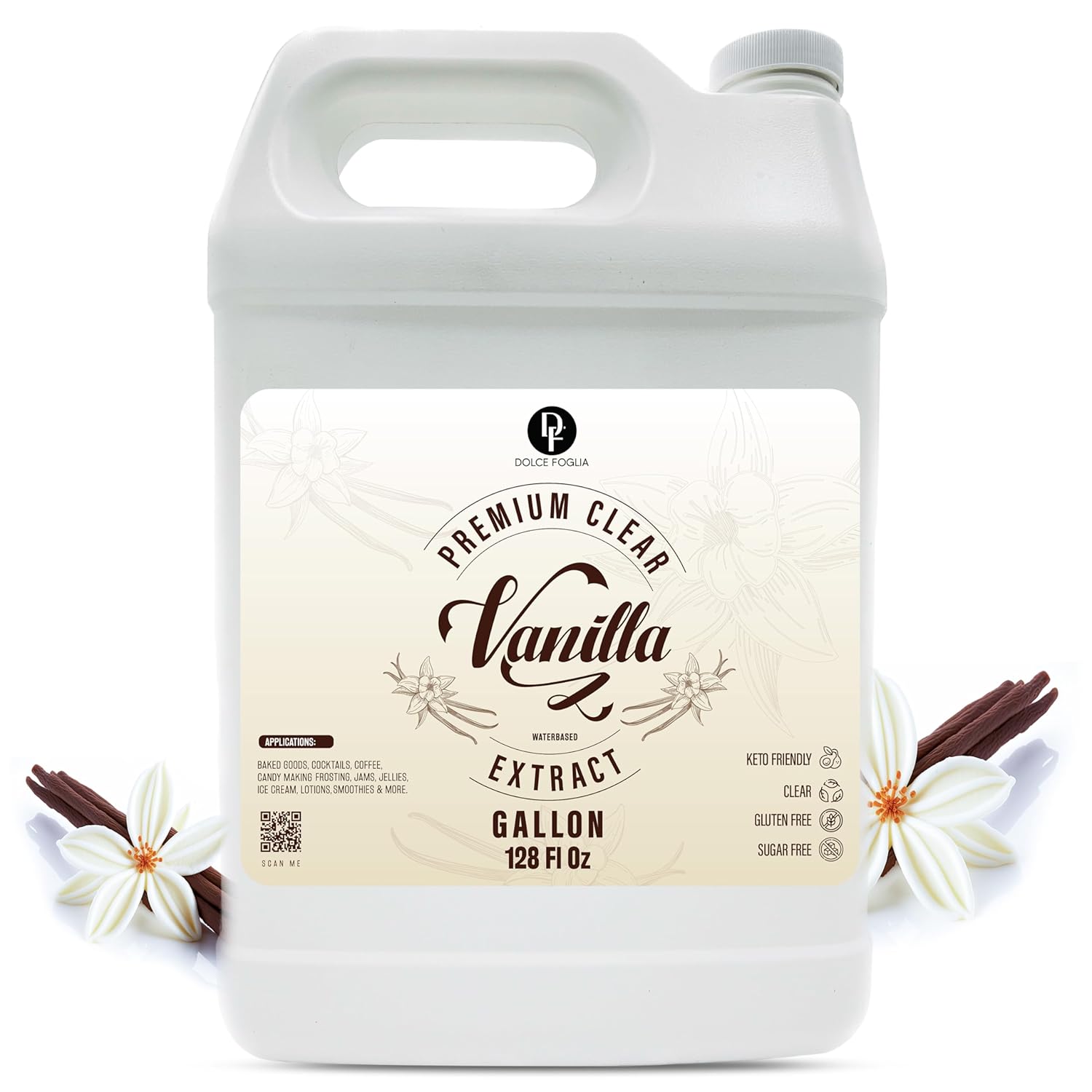 Dolce Flav Clear Double Strength Imitation Vanilla Extract - 1 Gallon - Gluten-Free, Keto-Friendly & Sugar-Free Vanilla Flavoring with Natural and Artificial Vanilla Flavor