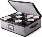 Hearth & Harbor Coffee Mug Storage, Quilted and Stackable Coffee Cup Storage Organizer for Service of 12, Mug Storage Box with Dividers, China Containers Hard Shell for Moving and Organization, Grey