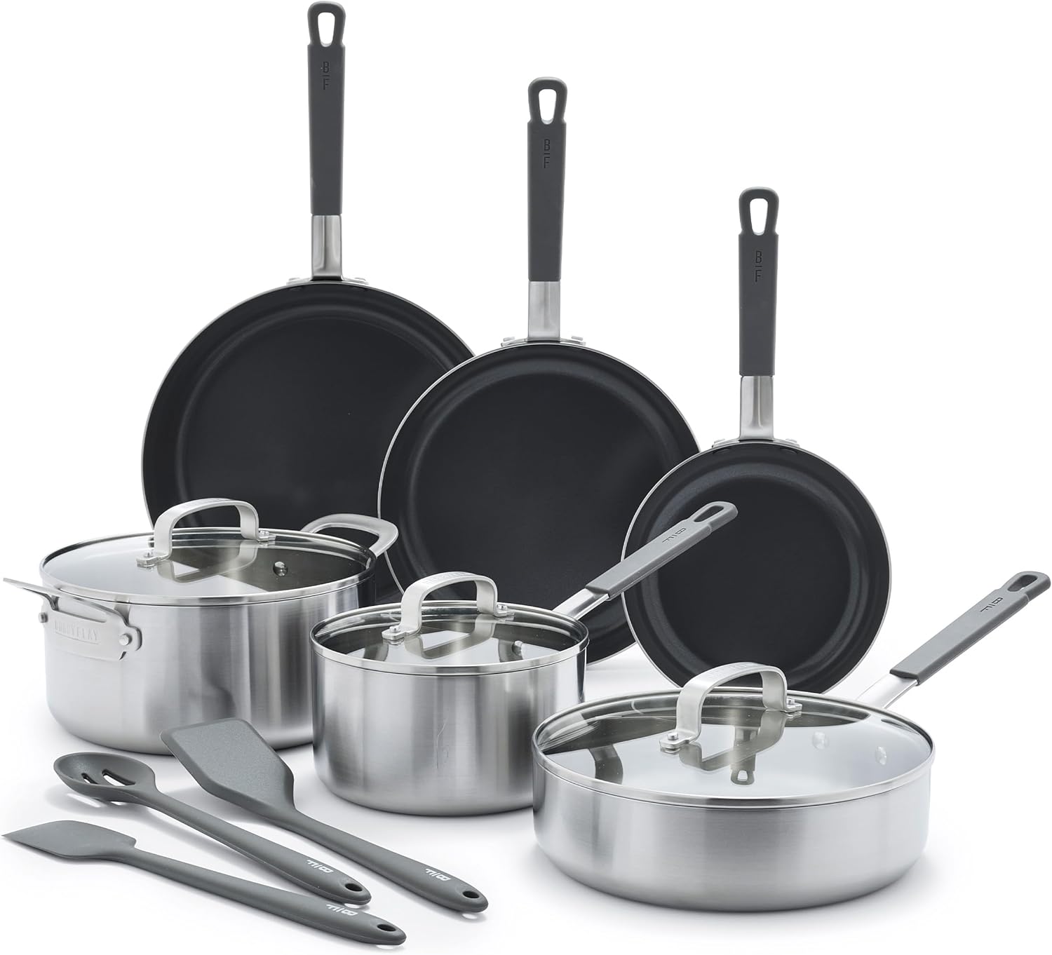 GreenPan x Bobby Flay Stainless Steel 12 Piece Cookware Pots & Pans Set, Professional Grade Tri-Ply, Multiclad, PFAS-Free Ceramic Nonstick, Induction Suitable, Dishwasher & Oven Safe,Stay Cool Handles