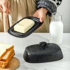 Hansense Porcelain Butter Dish with Lid for Countertop, Ceramic Butter Keeper with Handle Cover, Butter Holder Container Perfect for East and West Coast Butter, Dishwahser Safe, Dark