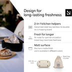 LARS NYSØM Bread Box I Metal Box with linen bag for long lasting freshness I Bread Bin with bamboo lid usable as cutting board I 14.2x7.5x5.1 In (Almond Beige)