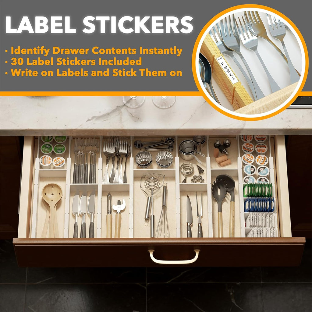 SpaceAid Bamboo Drawer Dividers with Inserts and Labels, Kitchen Adjustable Drawer Organizers, Expandable Organization for Home, Office, Dressers, 10 Dividers with 24 Inserts (17"-22" White)