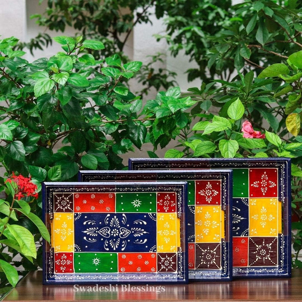 Swadeshi Blessings Wooden Serving Tray Set- Handcrafted & Hand-Painted for Kitchen/Table & Home Decor/Dinning/Gifts/Restaurants/Living Room/Coffee Table (Set of 3 Trays) (Blue)