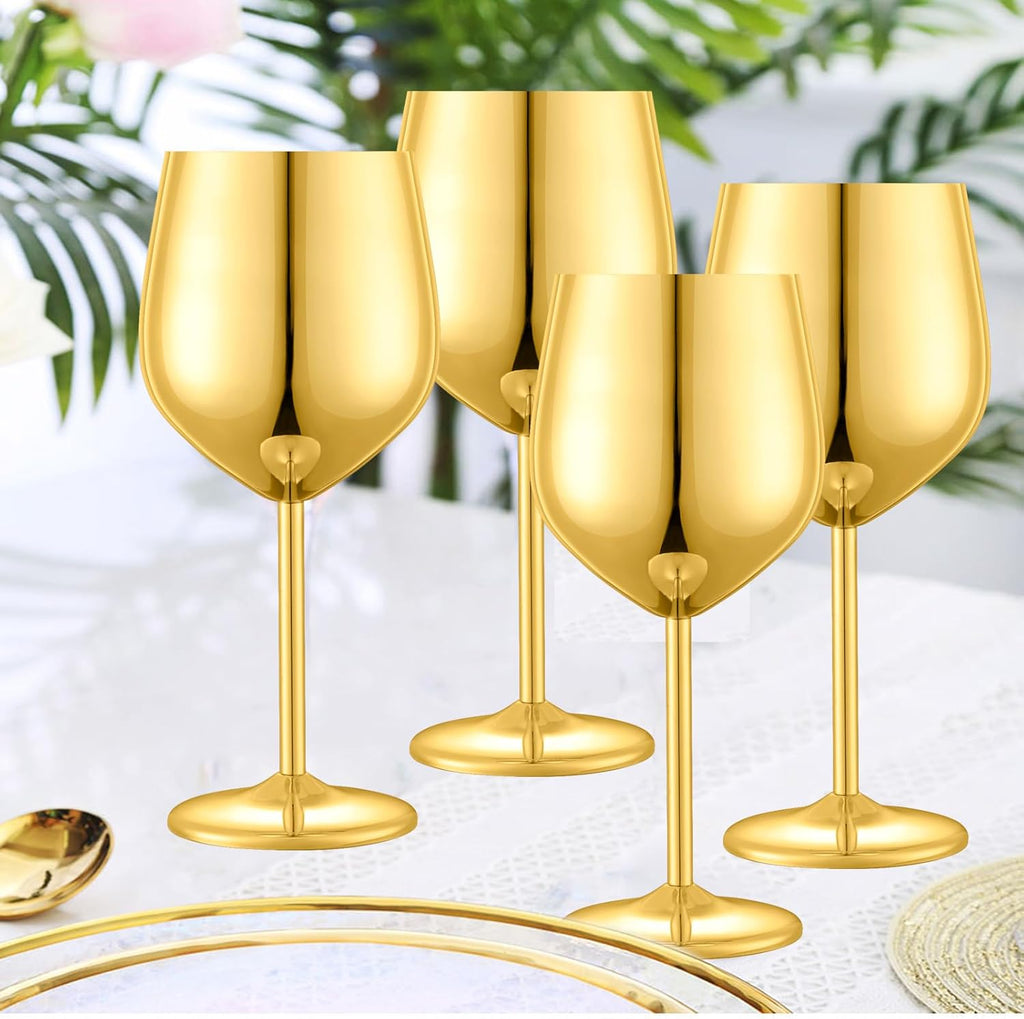 Stainless Steel Wine Glasses Set of 2, 18 oz Unbreakable Gold Wine Glass Unique Metal Wine Goblets for Outdoor Capming and Pool Gift for Wine Lovers