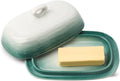 Hasense Butter Dish with Lid, Ceramic Butter Dish with Cover for Countertop, Porcelain Butter Keeper Holder with Handle Design for East West Coast Butter, Butter Tray with Lid for Fridge, Green