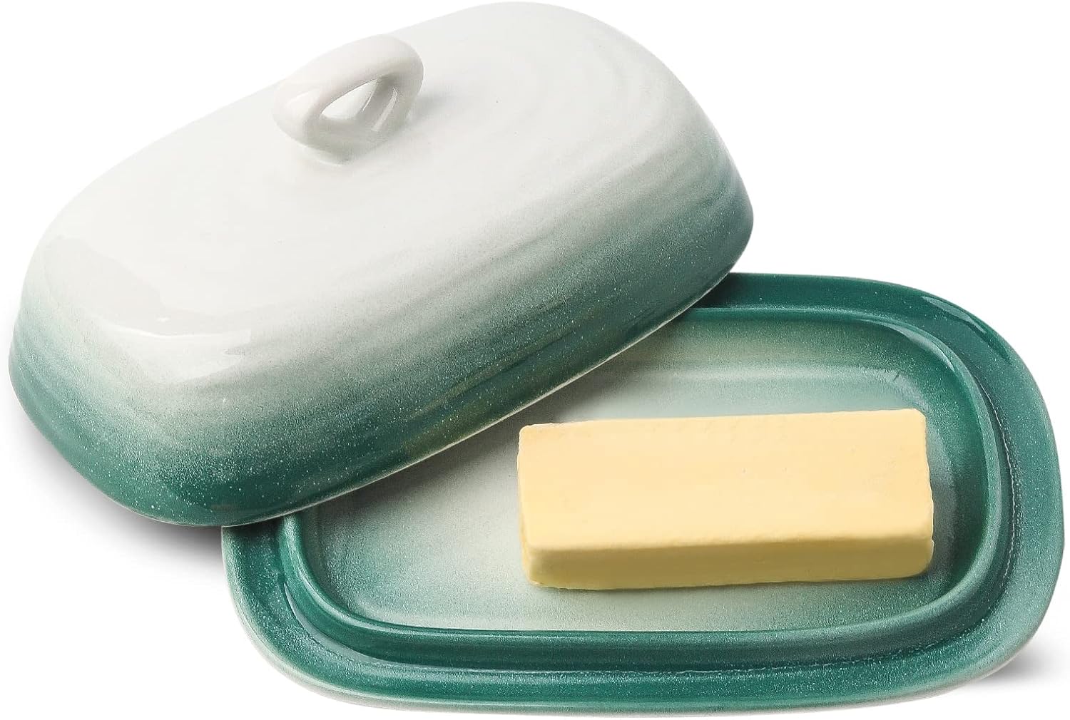 Hasense Butter Dish with Lid, Ceramic Butter Dish with Cover for Countertop, Porcelain Butter Keeper Holder with Handle Design for East West Coast Butter, Butter Tray with Lid for Fridge, Green
