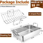 Roasting Pan with Rack for Turkey Chicken, Joyfair Stainless Steel Roaster Pan and V-rack for Toaster Oven, Rectangular Bakeware with Sturdy Handles, Heavy Duty & Dishwasher Safe (Small)